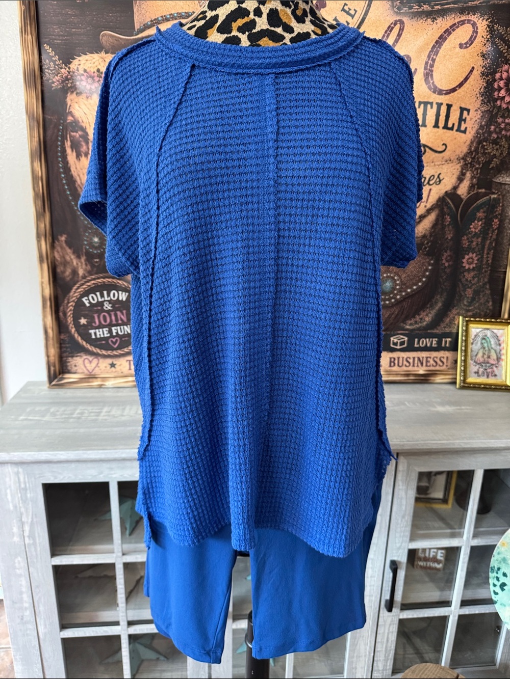Zenana Blue Waffle Knit Short Sleeve Top/Shorts 2Pc Size XL